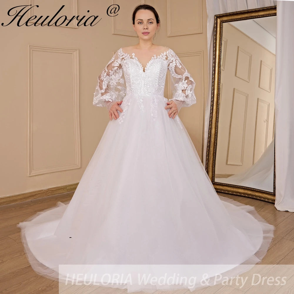HEULORIA A-line Scoop Illusion Court Train Lace Tulle Wedding Dress With Sequins AL-710