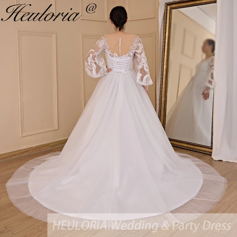 HEULORIA A-line Scoop Illusion Court Train Lace Tulle Wedding Dress With Sequins AL-710