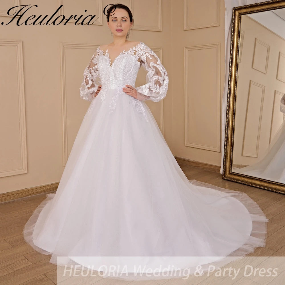 HEULORIA A-line Scoop Illusion Court Train Lace Tulle Wedding Dress With Sequins AL-710