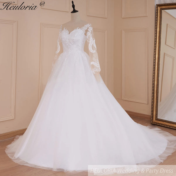 HEULORIA elegant A line long sleeve Court Train Tulle Lace Wedding Dress With Sequins