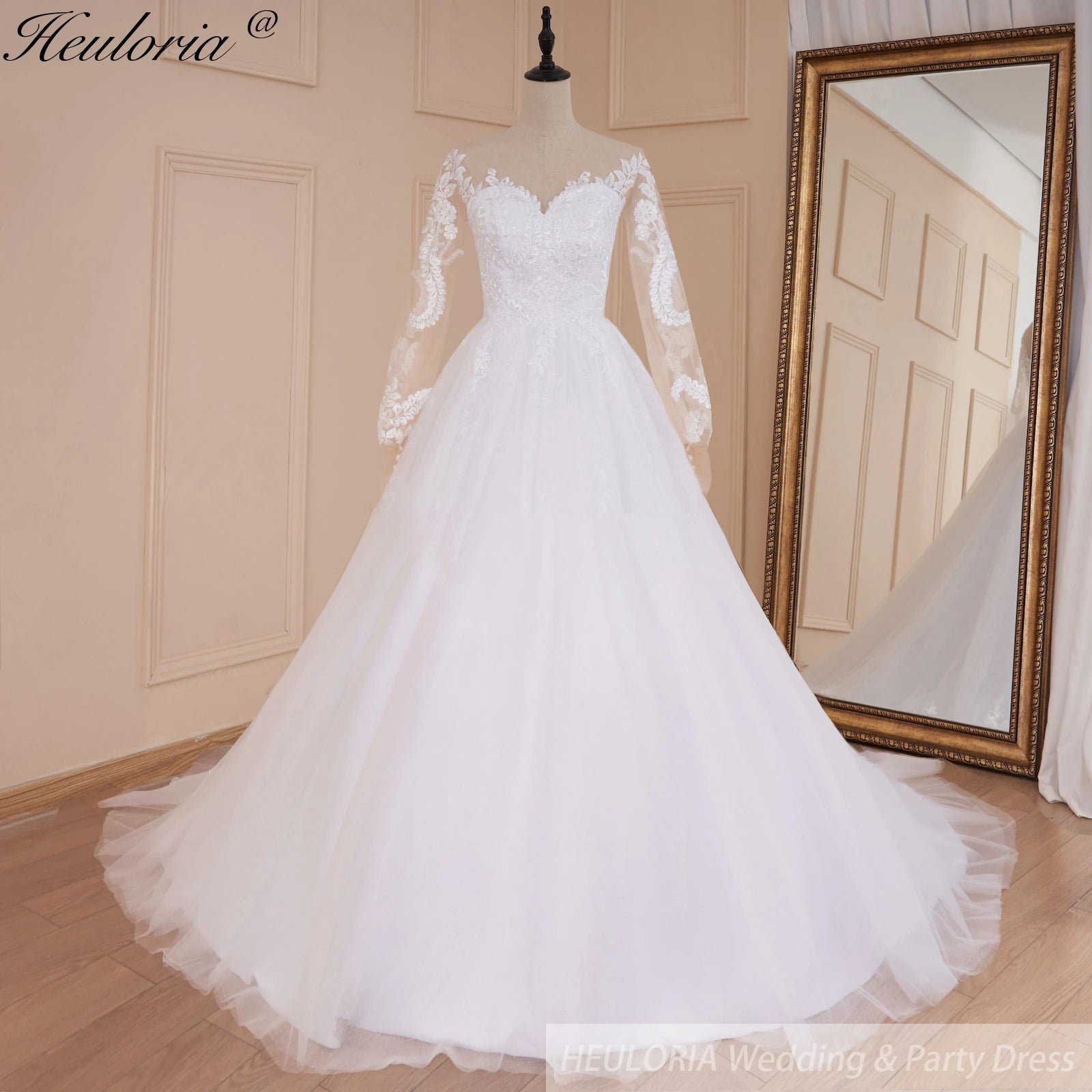 HEULORIA elegant A line long sleeve Court Train Tulle Lace Wedding Dress With Sequins AL-547
