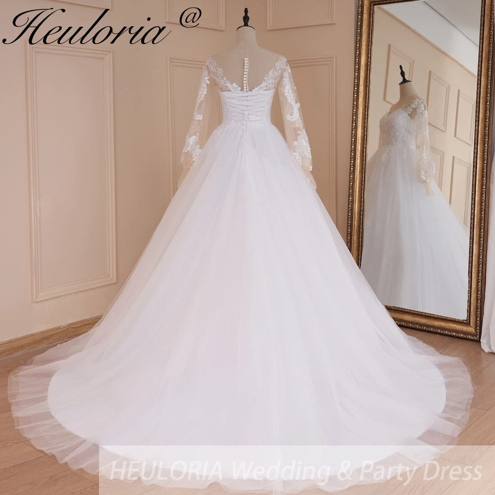 HEULORIA elegant A line long sleeve Court Train Tulle Lace Wedding Dress With Sequins AL-547
