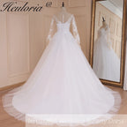 HEULORIA elegant A line long sleeve Court Train Tulle Lace Wedding Dress With Sequins AL-547