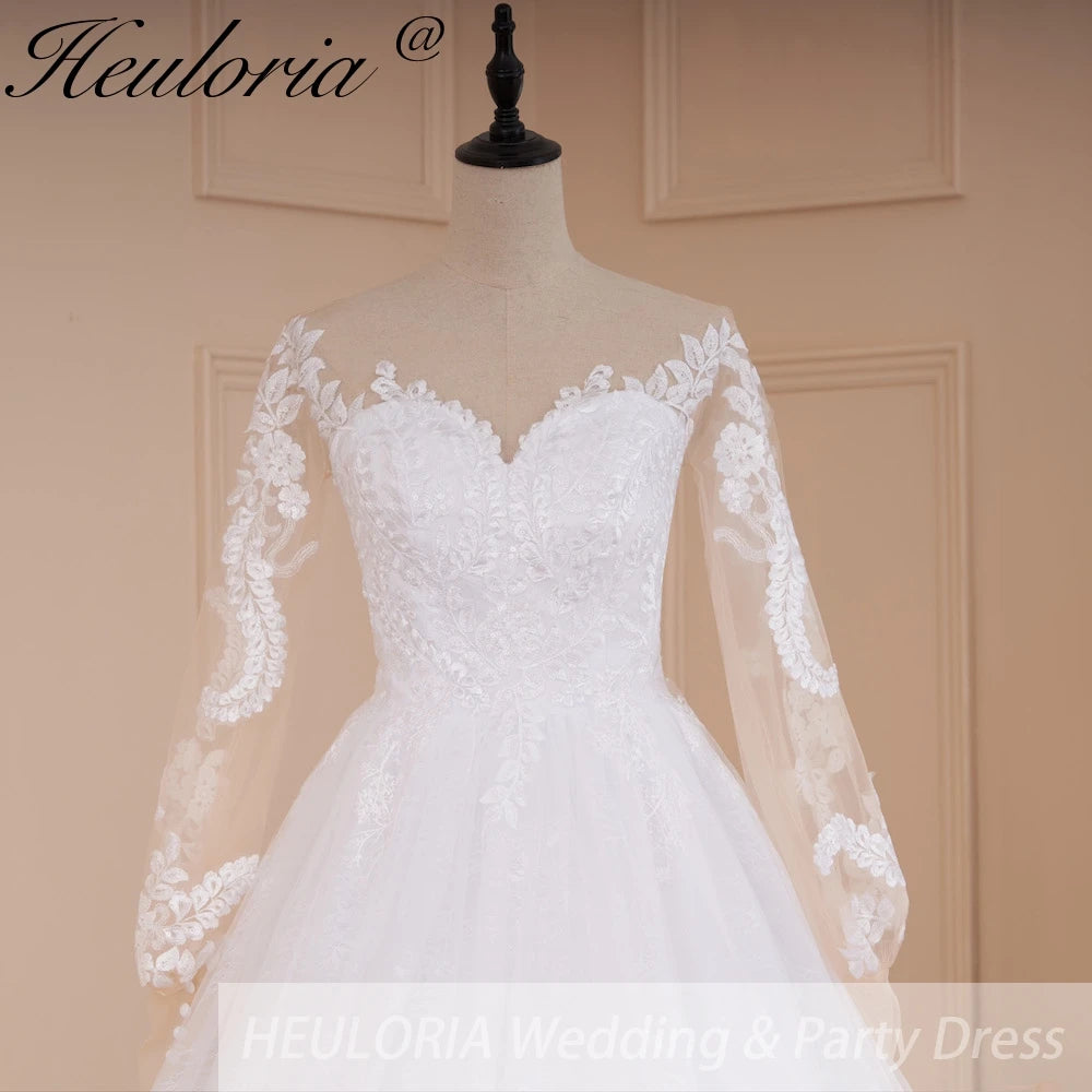 HEULORIA elegant A line long sleeve Court Train Tulle Lace Wedding Dress With Sequins AL-547