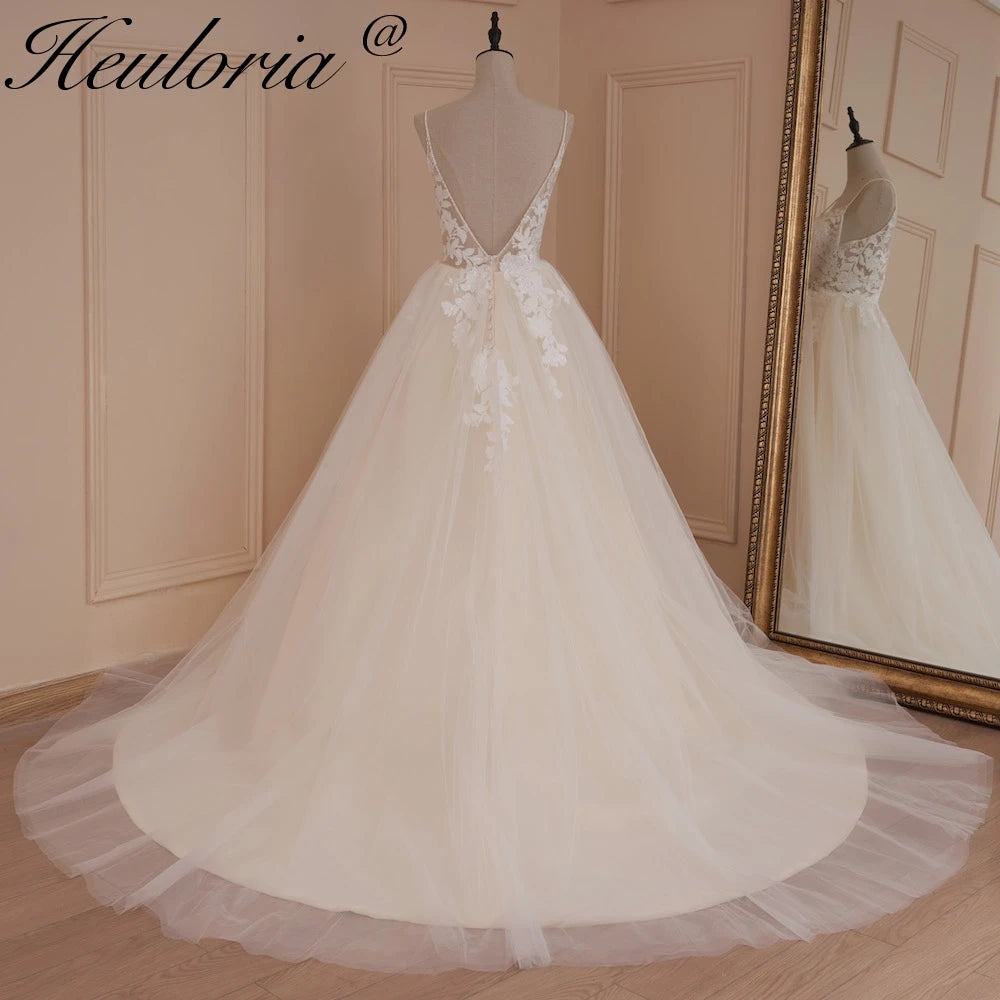 HEULORIA A-line Sweetheart Court Train Lace Tulle Wedding Dress With Sequins beading AL-528