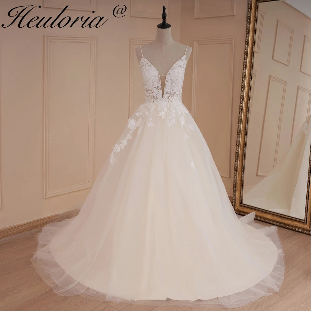 HEULORIA A-line Sweetheart Court Train Lace Tulle Wedding Dress With Sequins beading AL-528