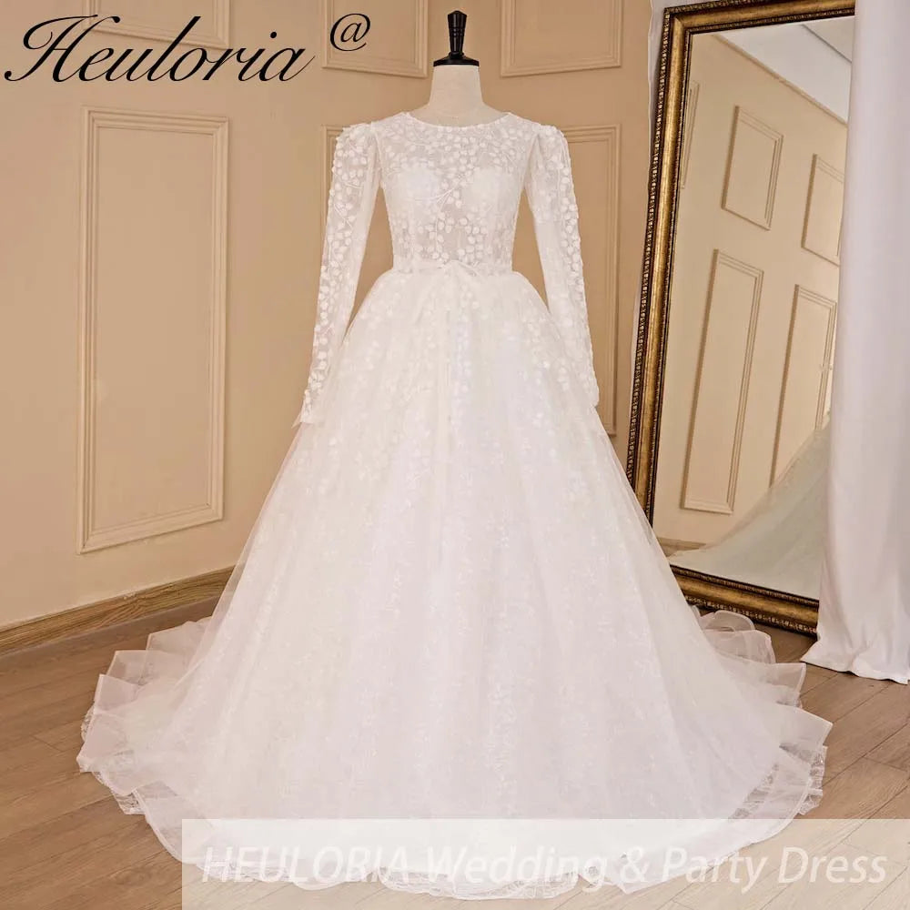 HEULORIA elegant wedding dress long sleeve 3D flower shinny robe de mariee Lace beading A line Wedding Bridal Gown BA-683
