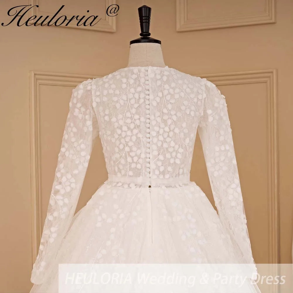 HEULORIA elegant wedding dress long sleeve 3D flower shinny robe de mariee Lace beading A line Wedding Bridal Gown BA-683