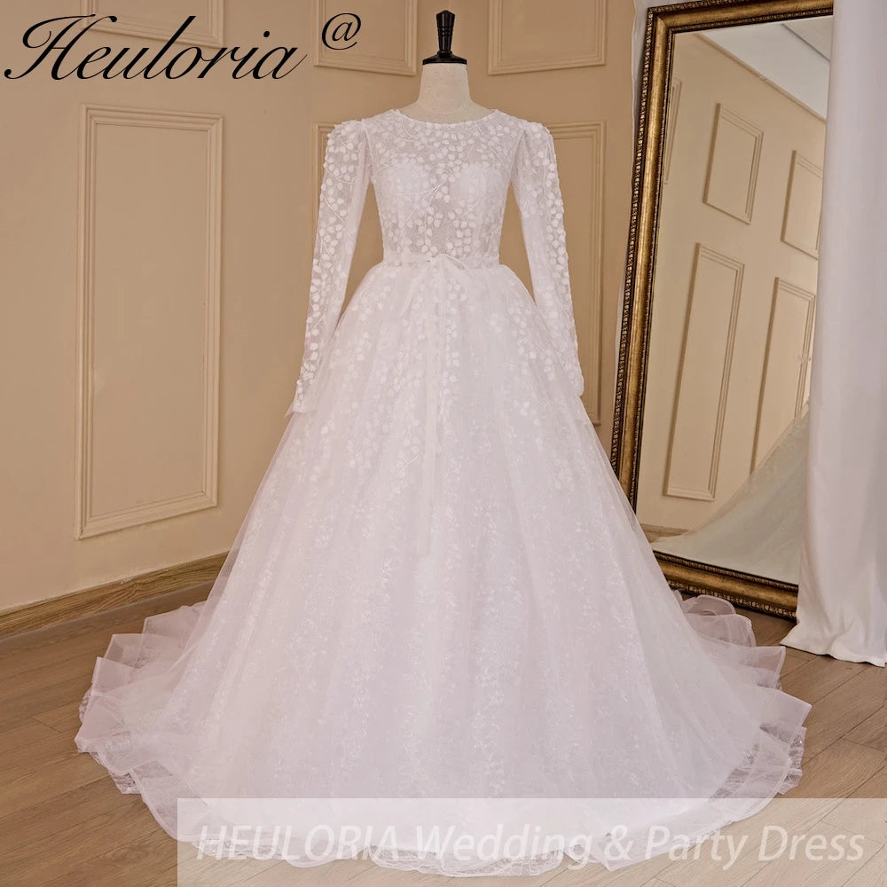HEULORIA elegant wedding dress long sleeve 3D flower shinny robe de mariee Lace beading A line Wedding Bridal Gown BA-683