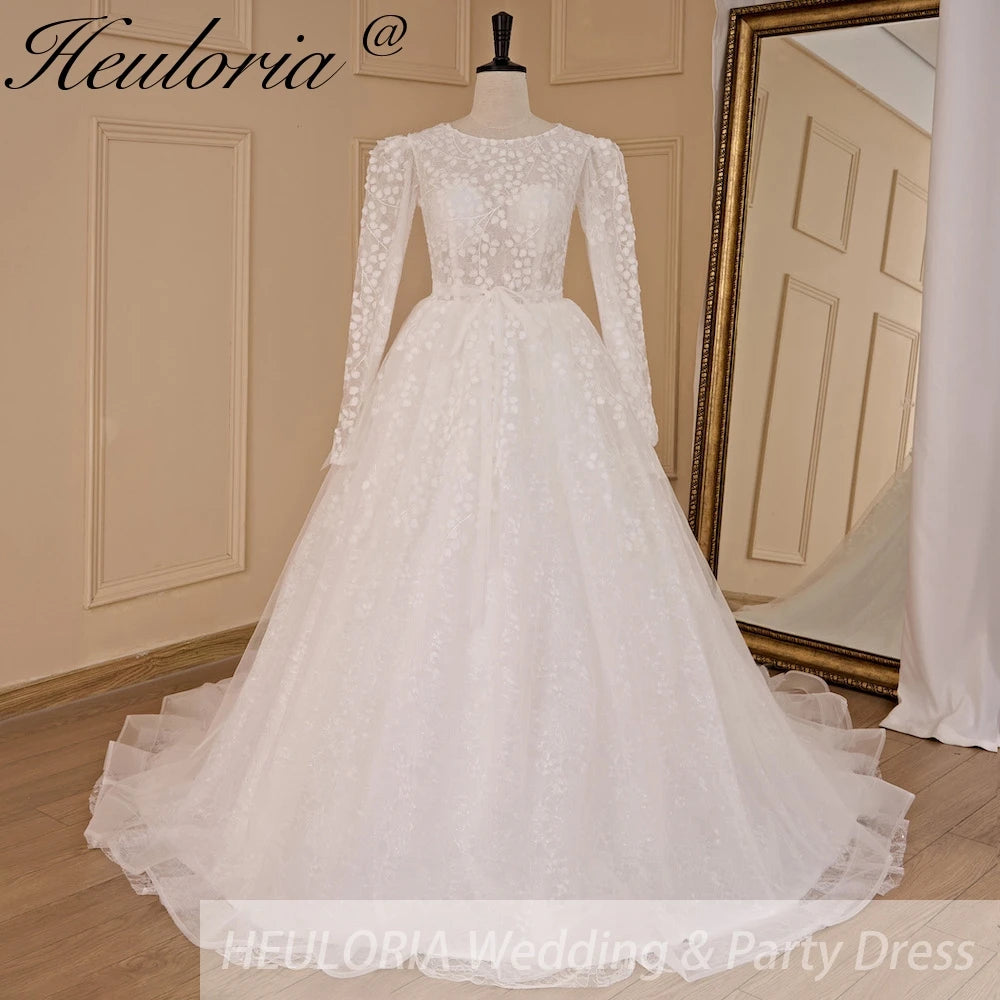 HEULORIA elegant wedding dress long sleeve 3D flower shinny robe de mariee Lace beading A line Wedding Bridal Gown BA-683