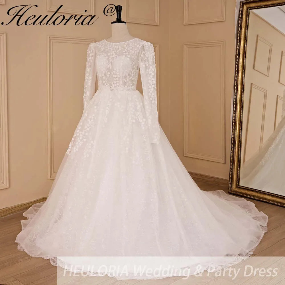 HEULORIA elegant wedding dress long sleeve 3D flower shinny robe de mariee Lace beading A line Wedding Bridal Gown BA-683
