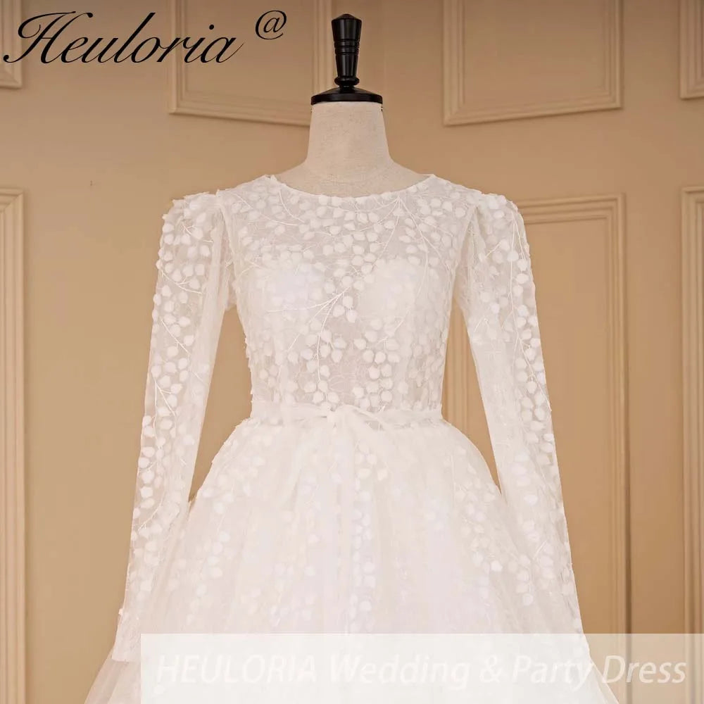 HEULORIA elegant wedding dress long sleeve 3D flower shinny robe de mariee Lace beading A line Wedding Bridal Gown BA-683