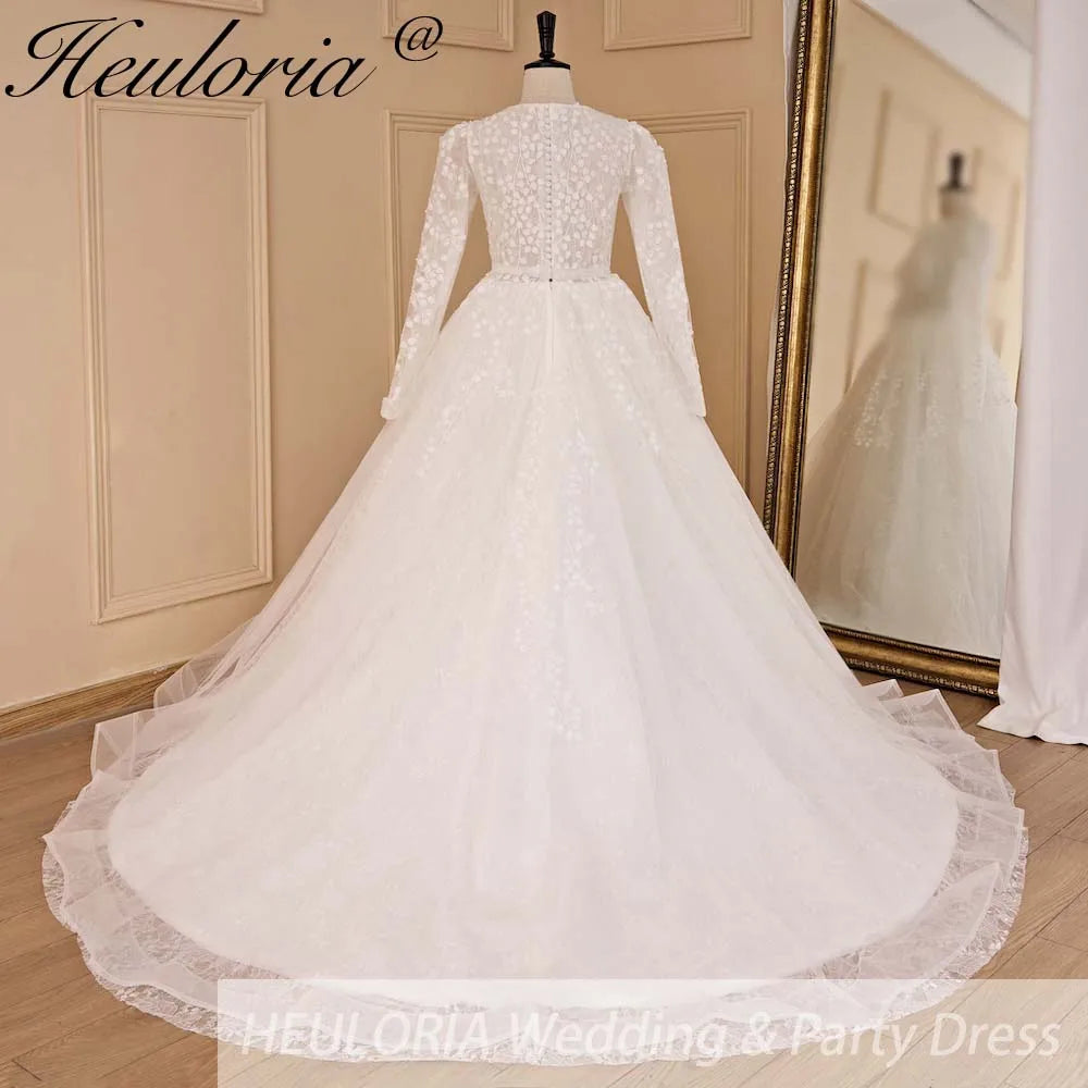 HEULORIA elegant wedding dress long sleeve 3D flower shinny robe de mariee Lace beading A line Wedding Bridal Gown BA-683
