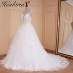 HEULORIA A-line V-Neck Sweep Train Lace Tulle Wedding Dress With Sequins Beading BA-529