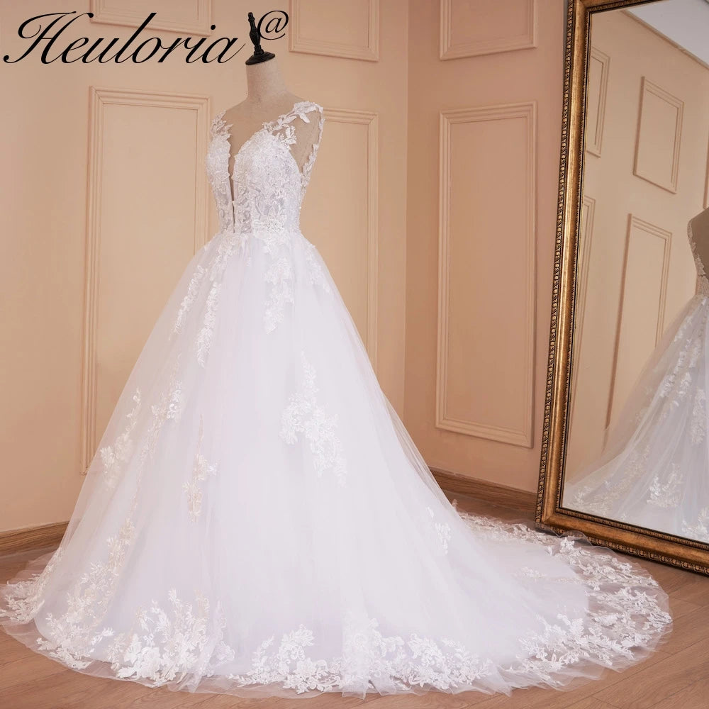 HEULORIA A-line V-Neck Sweep Train Lace Tulle Wedding Dress With Sequins Beading BA-529