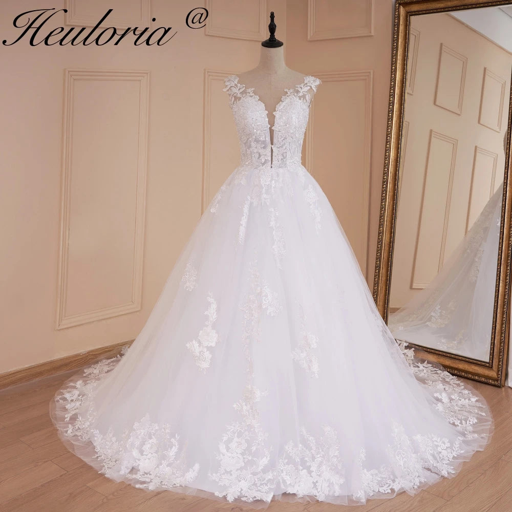 HEULORIA A-line V-Neck Sweep Train Lace Tulle Wedding Dress With Sequins Beading BA-529