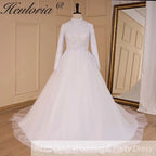 HEULORIA elegant heavy lace beading Muslim Wedding Dress long sleeve high neck bride dress plus size bride Wedding Gown BA-685