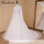 HEULORIA elegant heavy lace beading Muslim Wedding Dress long sleeve high neck bride dress plus size bride Wedding Gown BA-685