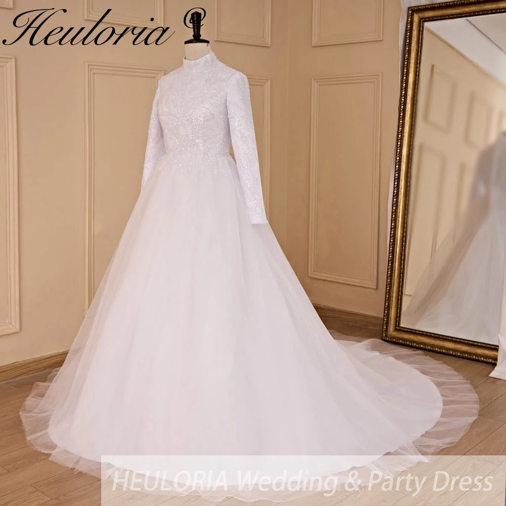 HEULORIA elegant heavy lace beading Muslim Wedding Dress long sleeve high neck bride dress plus size bride Wedding Gown BA-685