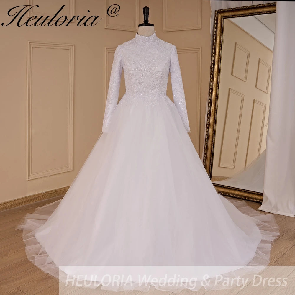 HEULORIA elegant heavy lace beading Muslim Wedding Dress long sleeve high neck bride dress plus size bride Wedding Gown BA-685