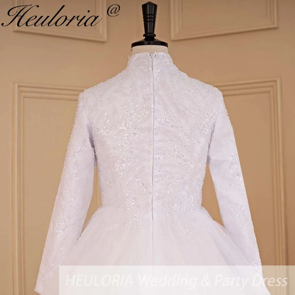 HEULORIA elegant heavy lace beading Muslim Wedding Dress long sleeve high neck bride dress plus size bride Wedding Gown BA-685