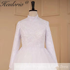 HEULORIA elegant heavy lace beading Muslim Wedding Dress long sleeve high neck bride dress plus size bride Wedding Gown BA-685
