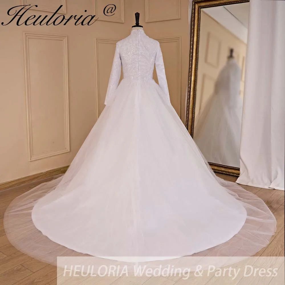 HEULORIA elegant heavy lace beading Muslim Wedding Dress long sleeve high neck bride dress plus size bride Wedding Gown BA-685
