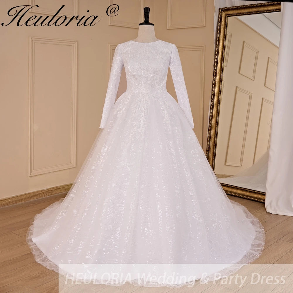 HEULORIA elegant heavy lace beading Muslim Wedding Dress long sleeve round neck bride dress plus size bride Wedding Gown BA-686