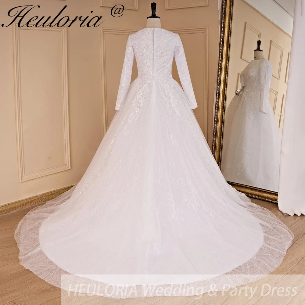 HEULORIA elegant heavy lace beading Muslim Wedding Dress long sleeve round neck bride dress plus size bride Wedding Gown BA-686