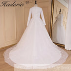 HEULORIA elegant heavy lace beading Muslim Wedding Dress long sleeve round neck bride dress plus size bride Wedding Gown BA-686