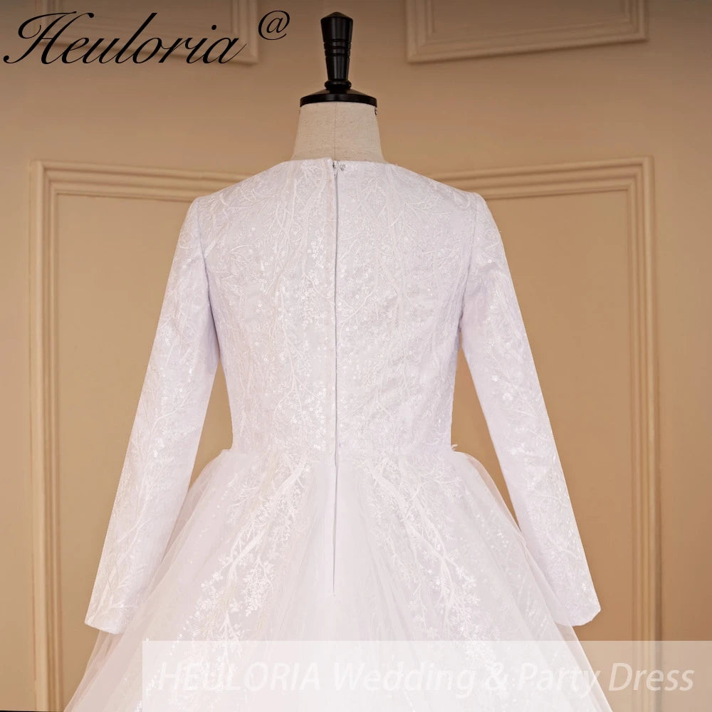 HEULORIA elegant heavy lace beading Muslim Wedding Dress long sleeve round neck bride dress plus size bride Wedding Gown BA-686
