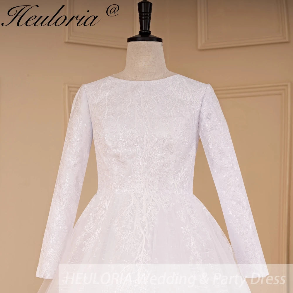 HEULORIA elegant heavy lace beading Muslim Wedding Dress long sleeve round neck bride dress plus size bride Wedding Gown BA-686
