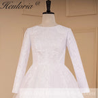 HEULORIA elegant heavy lace beading Muslim Wedding Dress long sleeve round neck bride dress plus size bride Wedding Gown BA-686