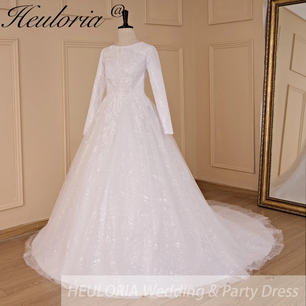 HEULORIA elegant heavy lace beading Muslim Wedding Dress long sleeve round neck bride dress plus size bride Wedding Gown BA-686