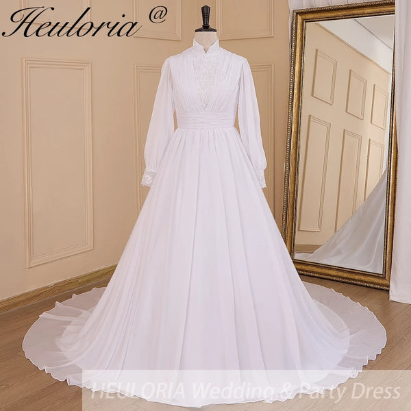 HEULORIA elegant lace beading Muslim ball gown Wedding Dress long sleeve high neck bride dress plus size bride Wedding Gown