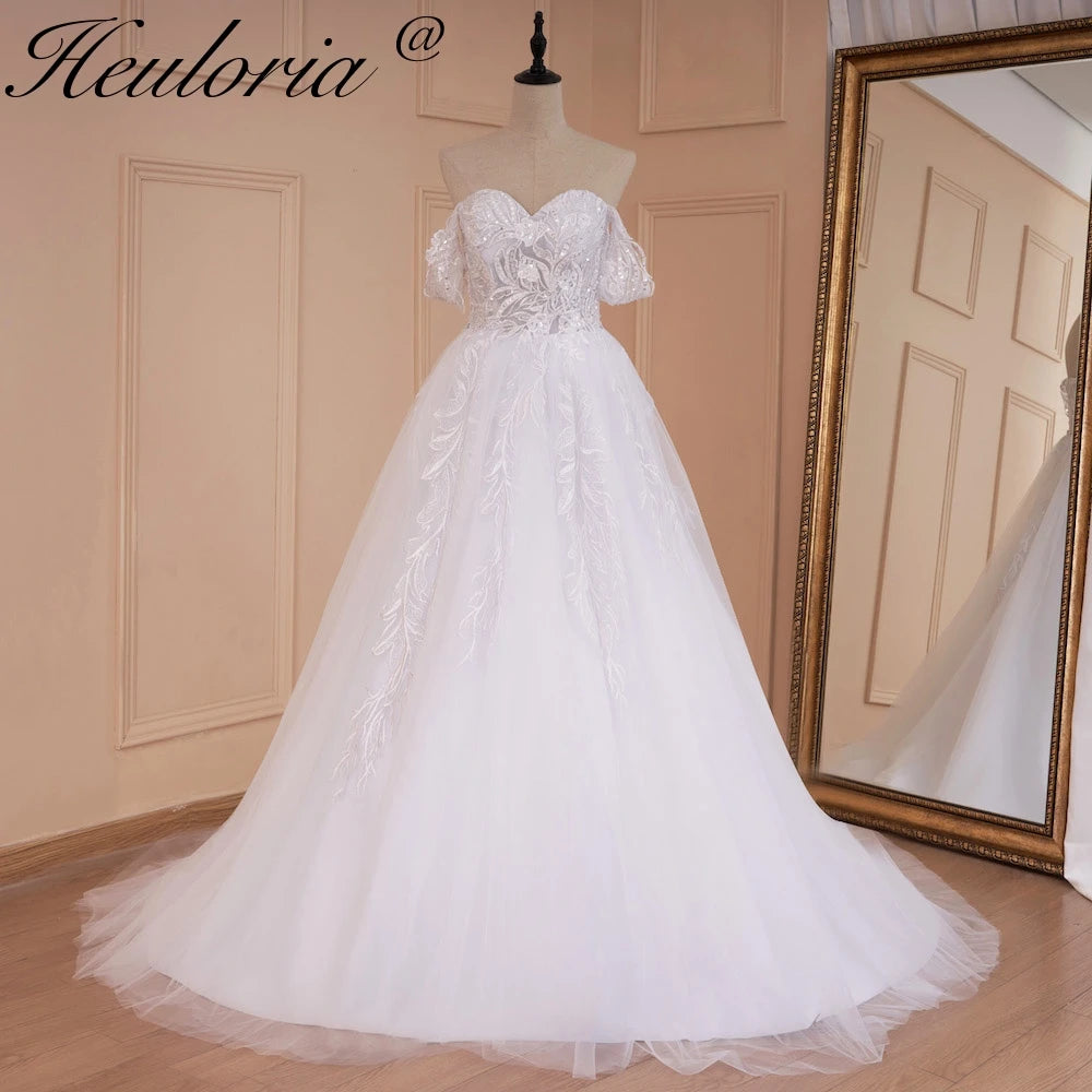 HEULORIA elegant off shoulder wedding dress A line lace applique bridal dress Robe De Mariee Wedding Bride Dress AL-558
