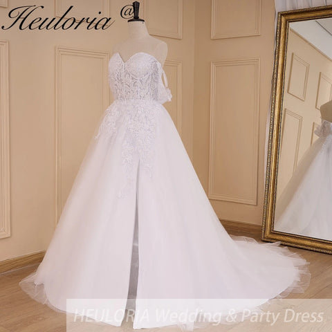 HEULORIA A-line Off the Shoulder Court Train Tulle Lace Wedding Dress With Sequins