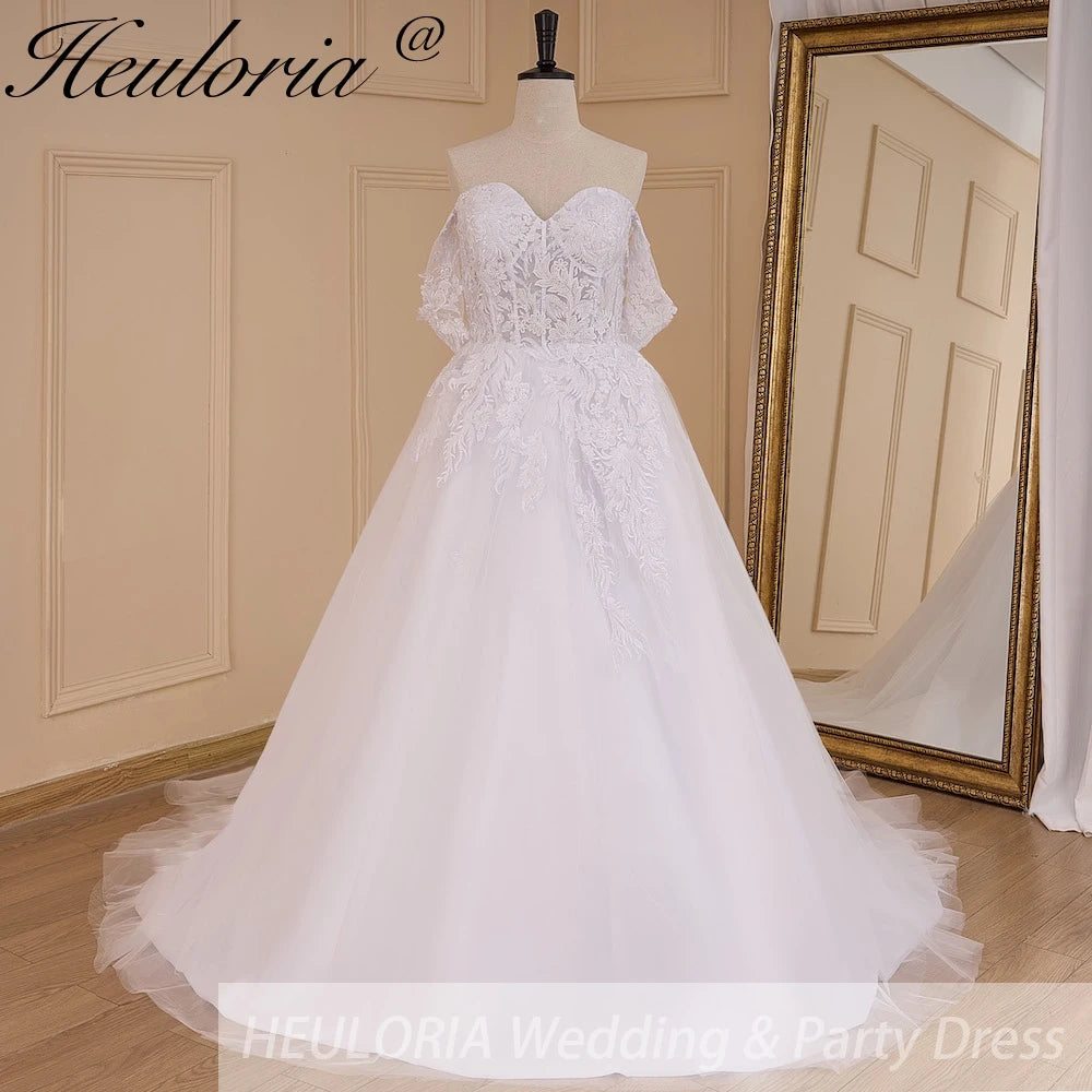 HEULORIA A-line Off the Shoulder Court Train Tulle Lace Wedding Dress With Sequins AL-639