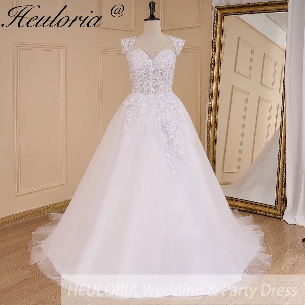 HEULORIA A-line Off the Shoulder Court Train Tulle Lace Wedding Dress With Sequins AL-639