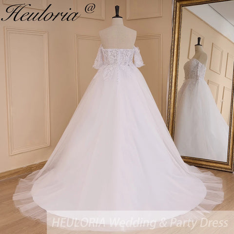 HEULORIA A-line Off the Shoulder Court Train Tulle Lace Wedding Dress With Sequins
