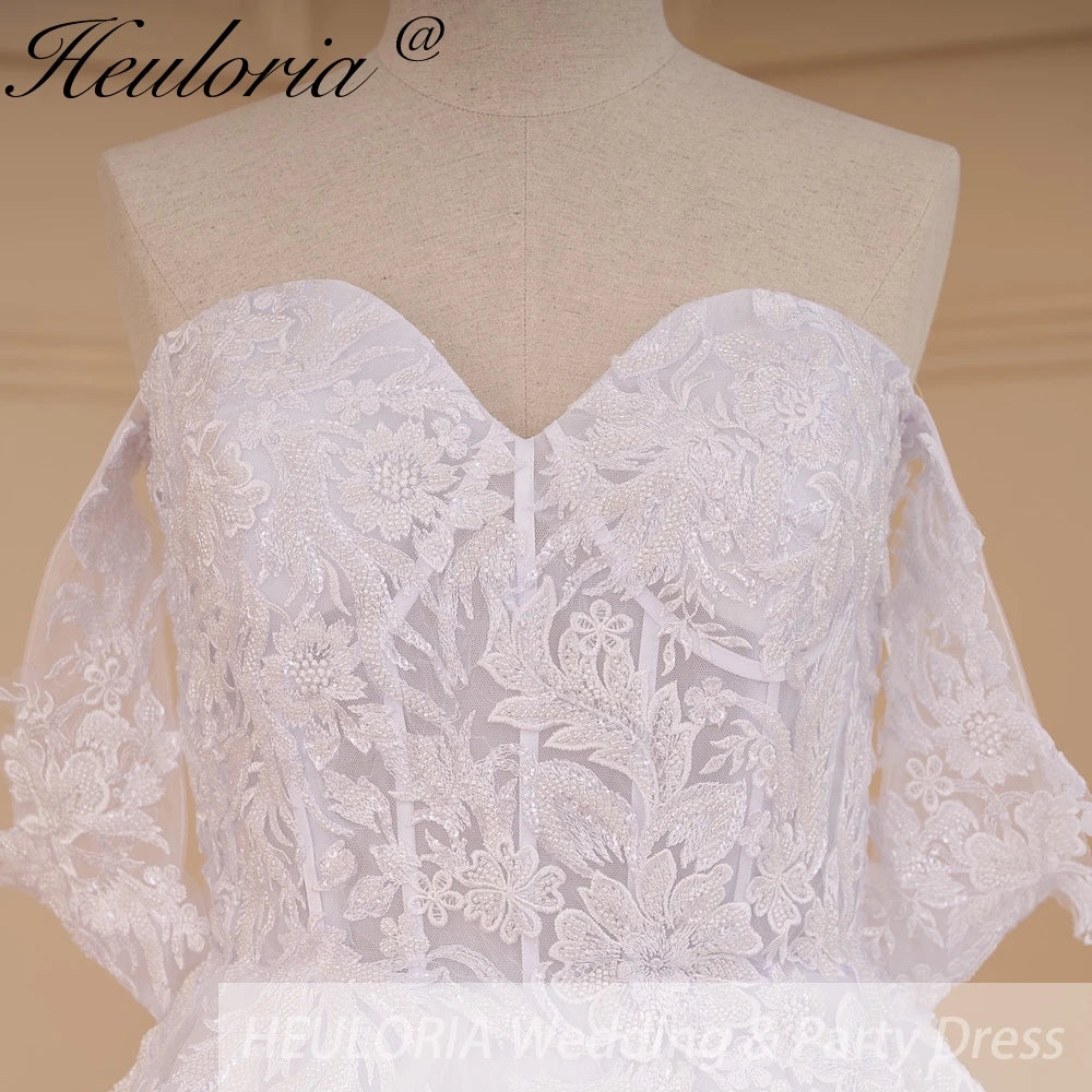 HEULORIA A-line Off the Shoulder Court Train Tulle Lace Wedding Dress With Sequins AL-639