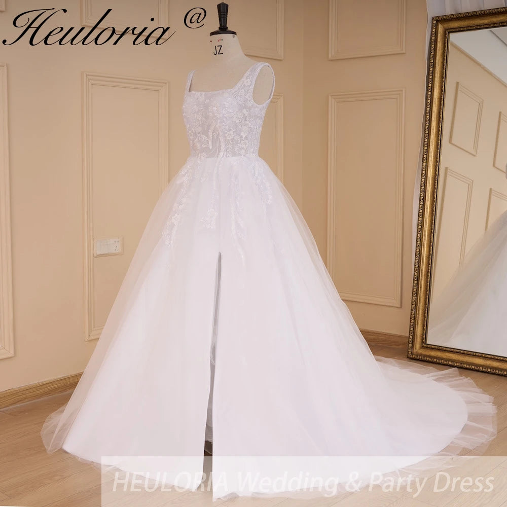 HEULORIA elegant square neck sleeveless wedding dress A line lace applique bridal dress Robe De Mariee Wedding Bride Dress AL-645