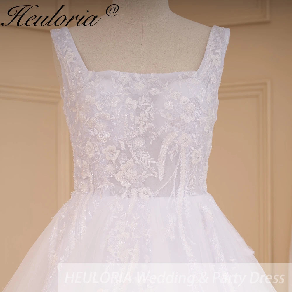 HEULORIA elegant square neck sleeveless wedding dress A line lace applique bridal dress Robe De Mariee Wedding Bride Dress AL-645
