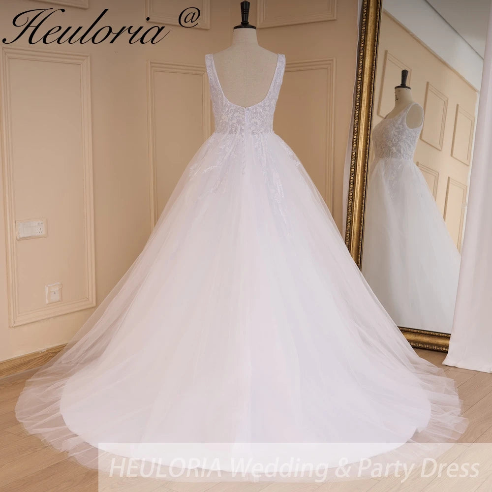 HEULORIA elegant square neck sleeveless wedding dress A line lace applique bridal dress Robe De Mariee Wedding Bride Dress AL-645