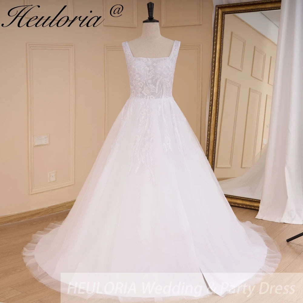 HEULORIA elegant square neck sleeveless wedding dress A line lace applique bridal dress Robe De Mariee Wedding Bride Dress