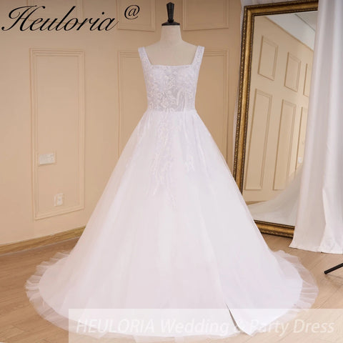 HEULORIA elegant square neck sleeveless wedding dress A line lace applique bridal dress Robe De Mariee Wedding Bride Dress