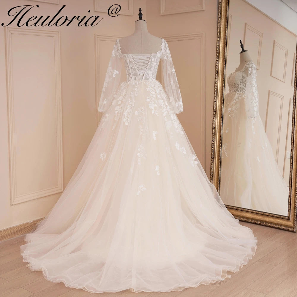 HEULORIA A-line long sleeve Court Train Lace Wedding Dress With Sequins AL-553