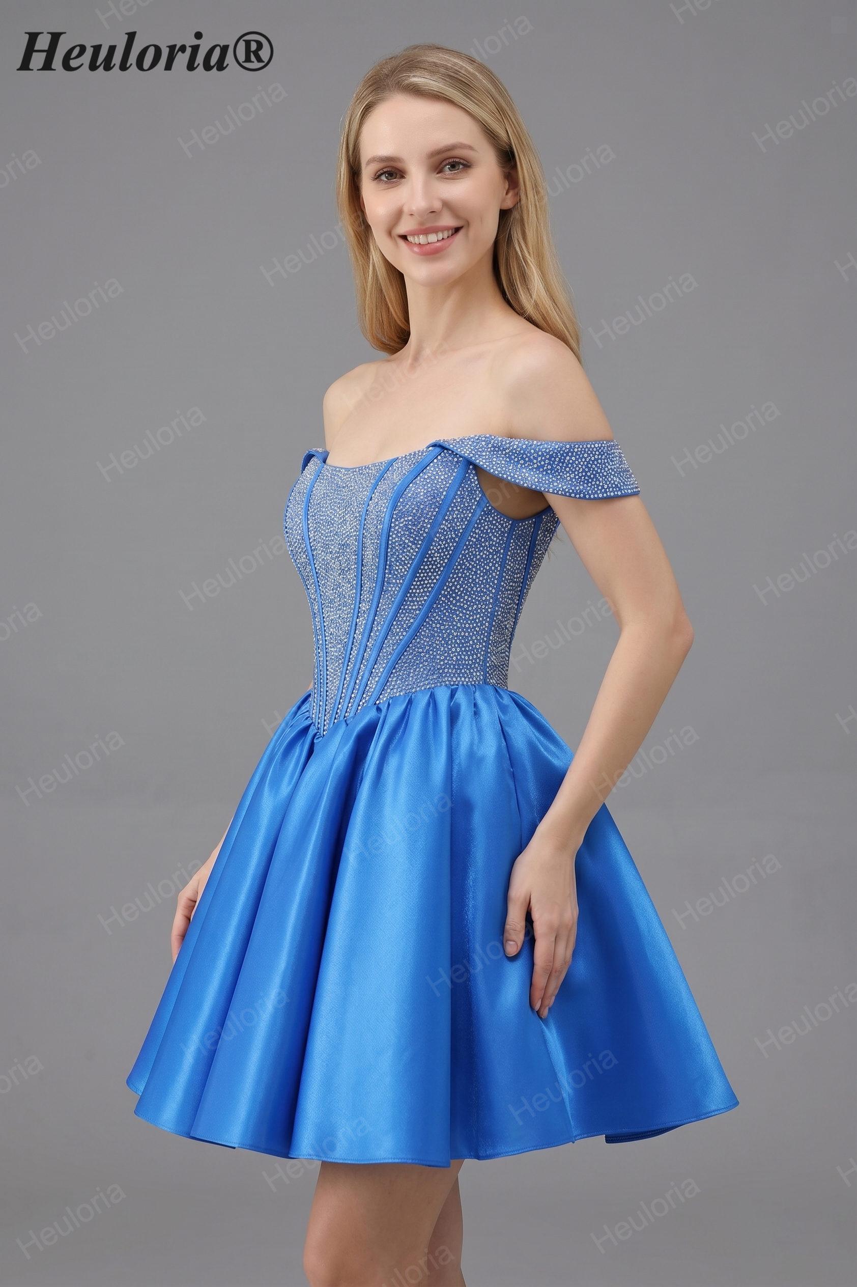 HEULORIA Sparkly Rhinestone Corset Homecoming Dress Off-the-Shoulder Satin Mini Party Gown ED-596 Imagen secundaria del producto