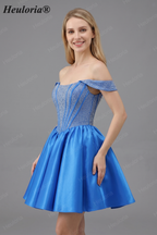 HEULORIA Sparkly Rhinestone Corset Homecoming Dress Off-the-Shoulder Satin Mini Party Gown ED-596