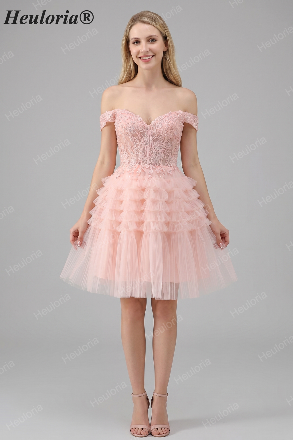 HEULORIA Blush A Line Off The Shoulder Corset Short Tulle Homecoming Dress ED-326